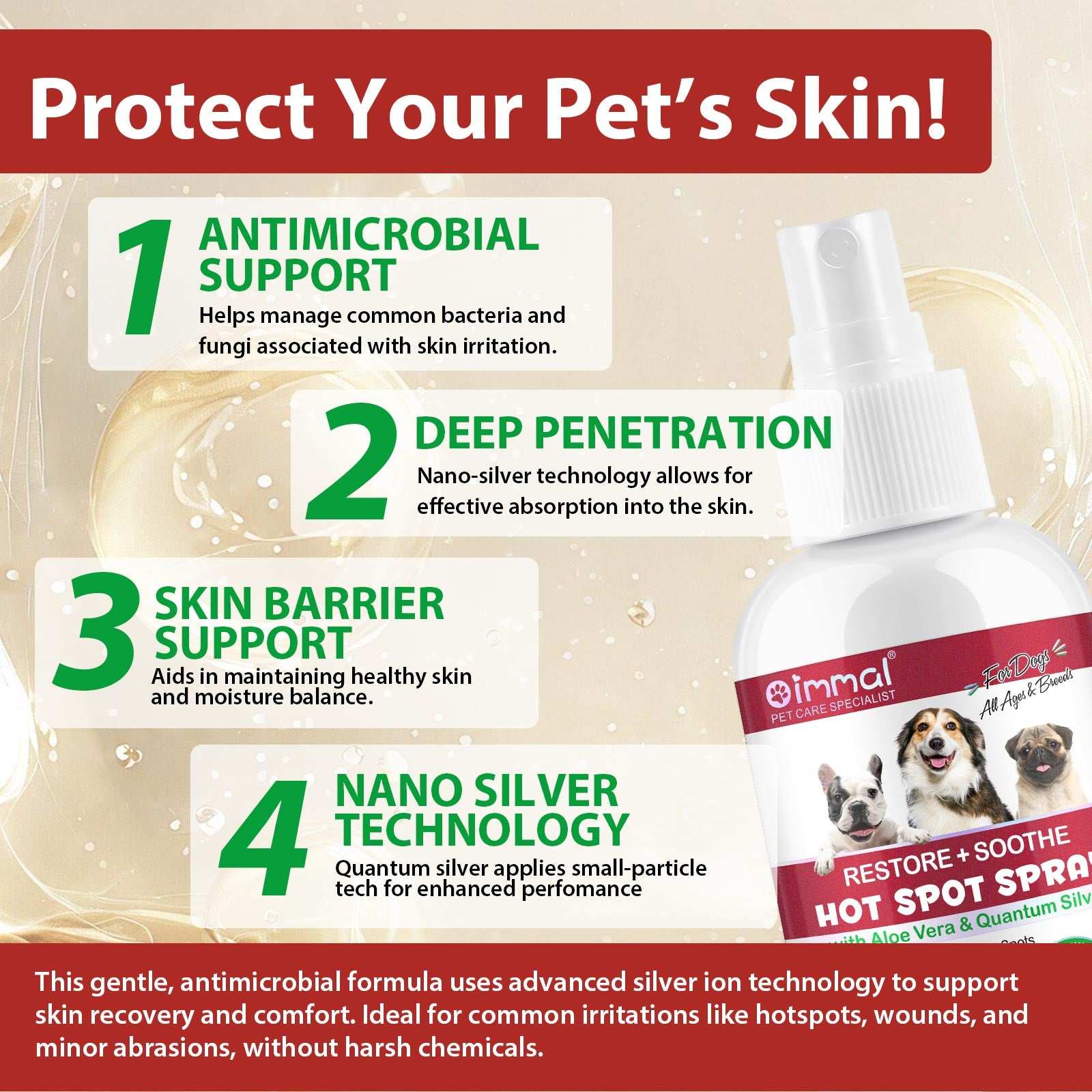 Oimmal Hot Spot Relief Spray for Dogs with Aloe Vera and Quantum Silver, antimicrobial skin support and healing for dog hot spots and irritation