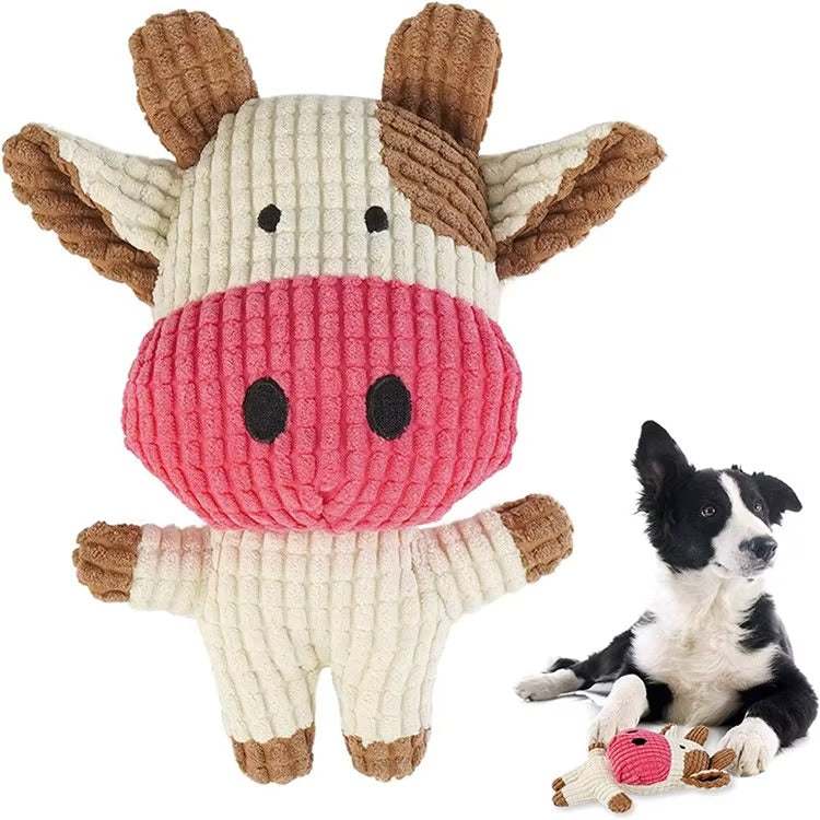 Set of cute Crinkle & Squeak Dog Toys including plush cow, elephant, and lion with soft textured fabric and durable stitching