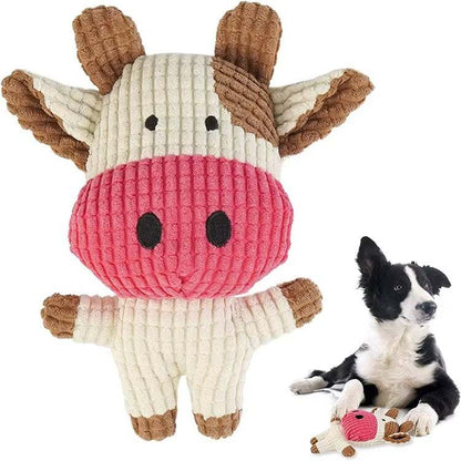 Set of cute Crinkle & Squeak Dog Toys including plush cow, elephant, and lion with soft textured fabric and durable stitching