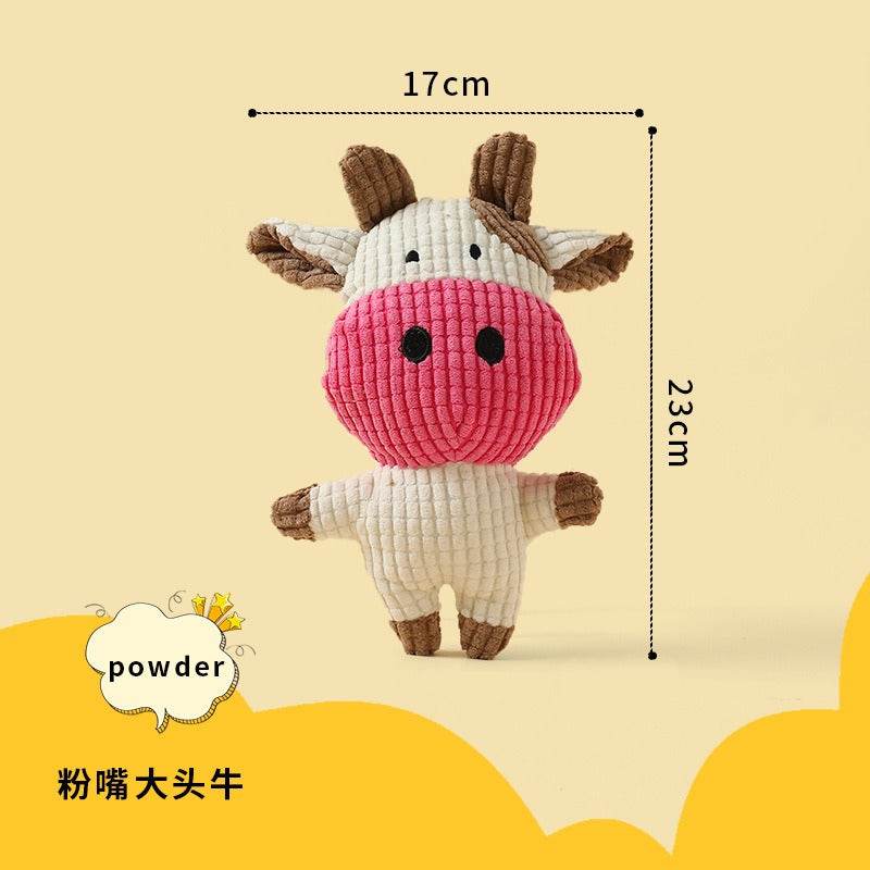 Set of cute crinkle and squeak dog toys including Connie Cow, Elliot Elephant, and Lenny Lion made of soft textured fabric for small to medium dogs.