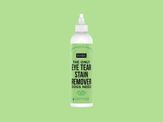 Eye Tear Stain Remover for Dogs by Natural Rapport in green bottle.