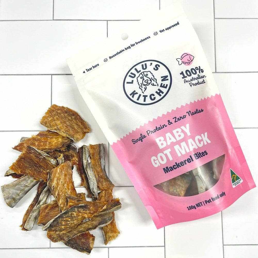 Lulu's Kitchen Baby Got Mack Mackerel Bites, nutrient-packed dog treats, 100% Australian mackerel, 100g bag.