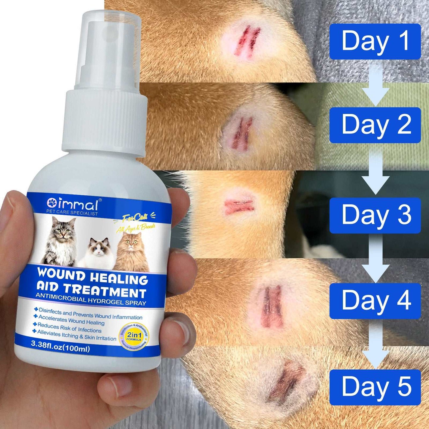 Oimmal Cat Wound Healing Aid antimicrobial hydrogel spray for fast healing of cat wounds and skin irritations