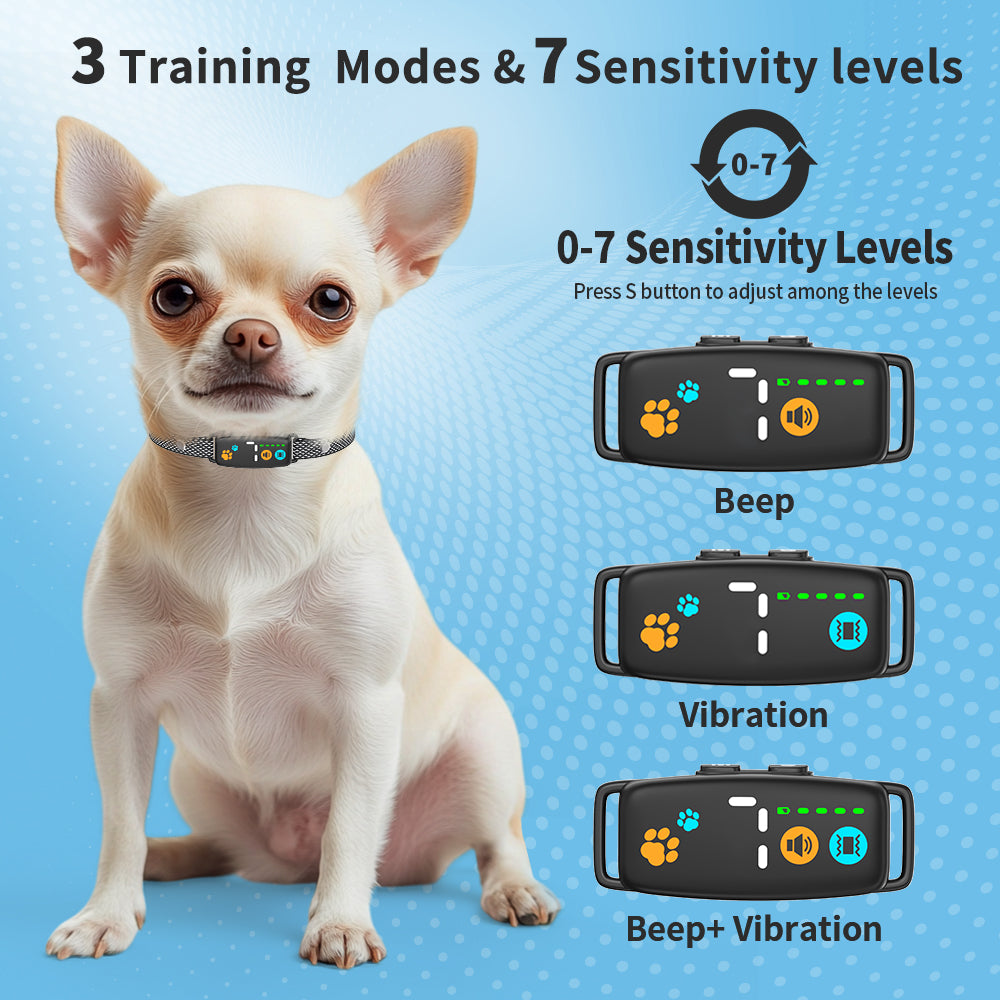 Tiny anti-barking beep and vibrate no-shock collar for small dogs, lightweight with adjustable sensitivity and USB rechargeable