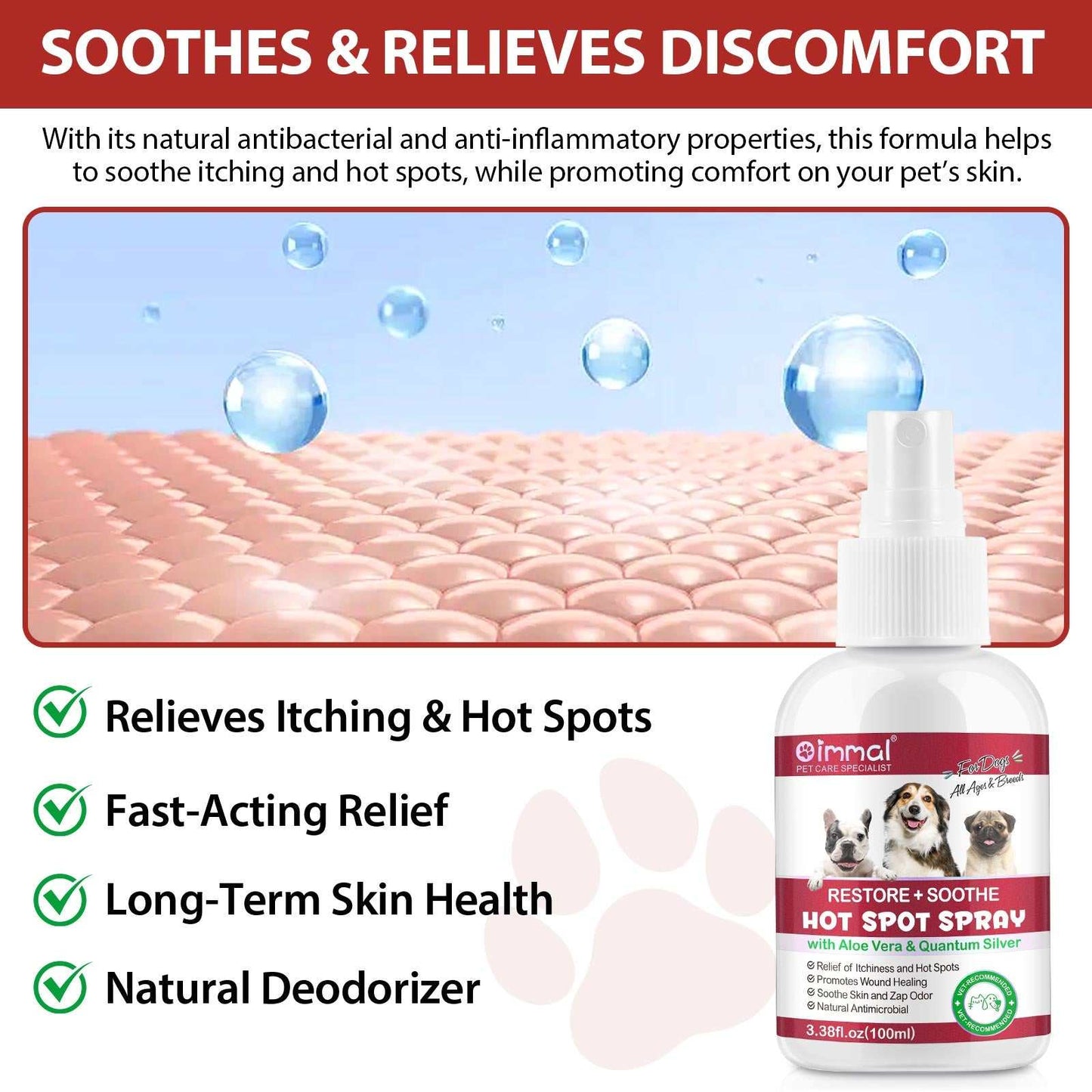Oimmal Hot Spot Relief Spray for Dogs with Aloe Vera and Quantum Silver soothing itchy skin and hot spots