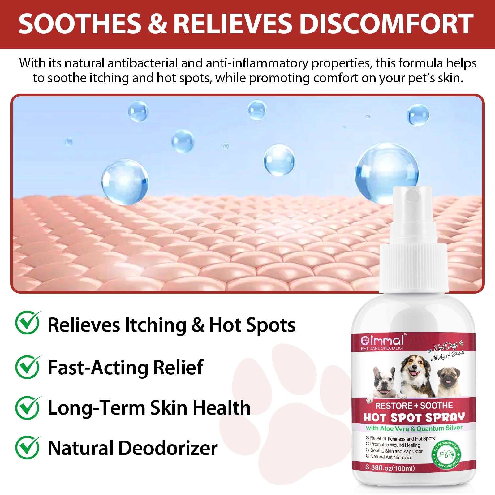Oimmal Hot Spot Relief Spray for Dogs with Aloe Vera and Quantum Silver soothing itchy skin and hot spots