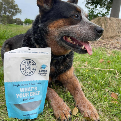 Dog with "What's Your Beef? - Beef Liver" treat bag, made from 100% Australian beef.