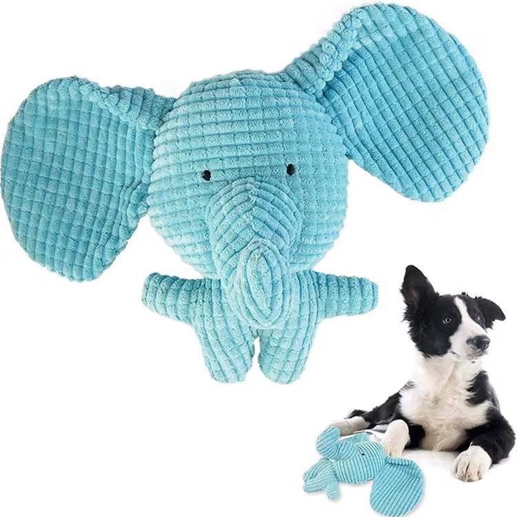 Set of cute Crinkle & Squeak Dog Toys including Connie Cow, Elliot Elephant, and Lenny Lion made with soft fabric and built-in squeakers