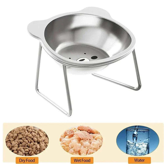 Elevated Cat Bowl Set with a silver stainless steel bowl on a raised metal stand, shown for dry food, wet food, or water