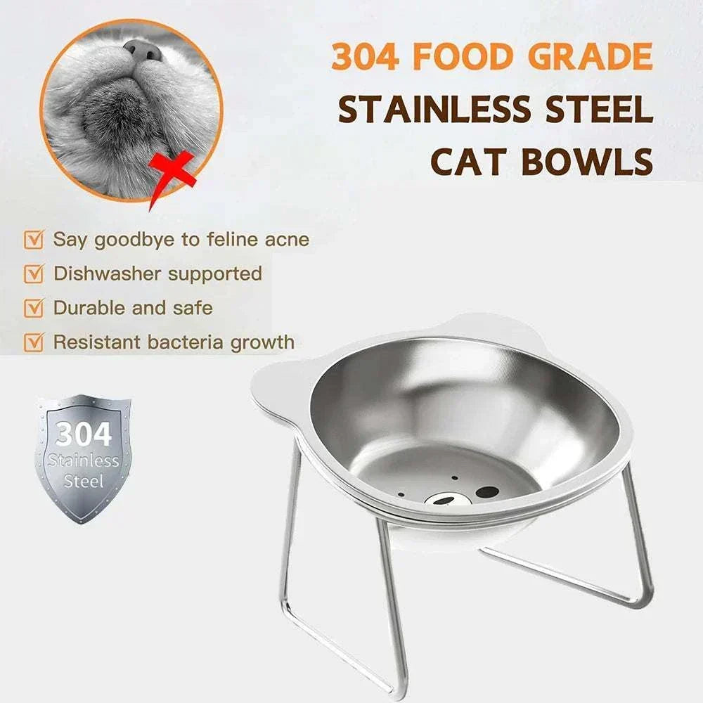 Elevated Cat Bowl Set with a silver stainless steel bowl on a raised metal stand, featuring a wide rim and drainage holes.