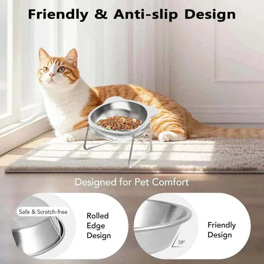 Elevated Cat Bowl Set with a silver stainless steel bowl on a raised metal stand, featuring a rolled rim design