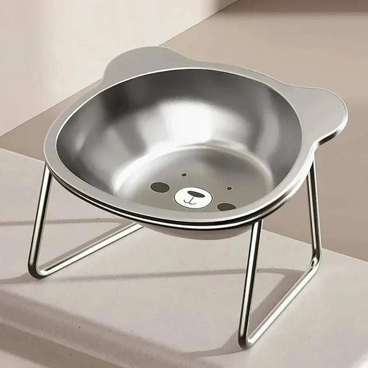 Elevated Cat Bowl Set with a silver stainless steel bowl on a raised metal stand, featuring a bear-face detail