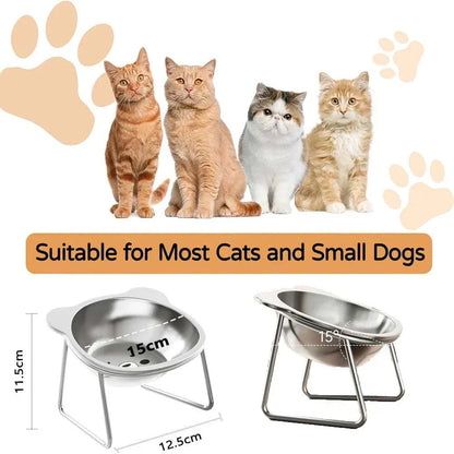 Elevated Cat Bowl Set with silver stainless steel bowls on raised wire stands, featuring a solid finish and tilted design