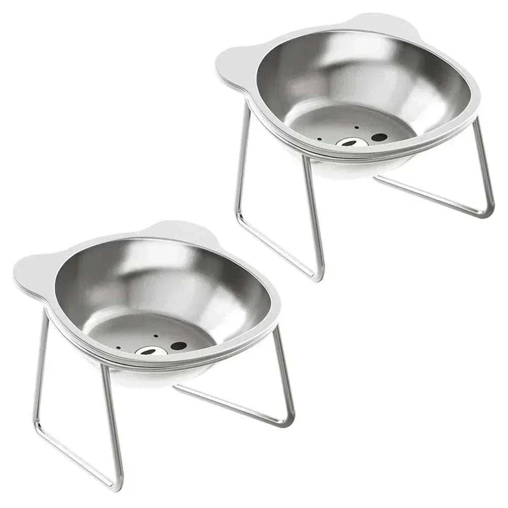 Elevated Cat Bowl Set with silver stainless steel bowls on slim raised metal stands, featuring a solid polished finish