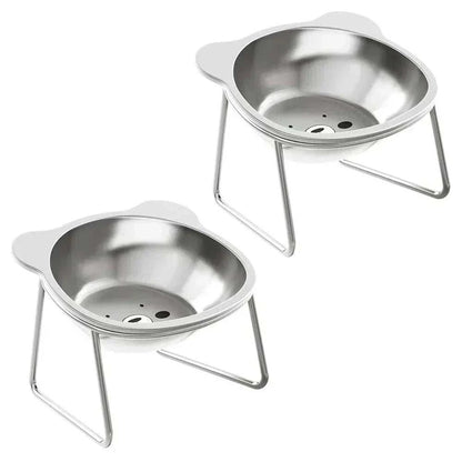 Elevated Cat Bowl Set with silver stainless steel bowls on slim raised metal stands, featuring a solid polished finish