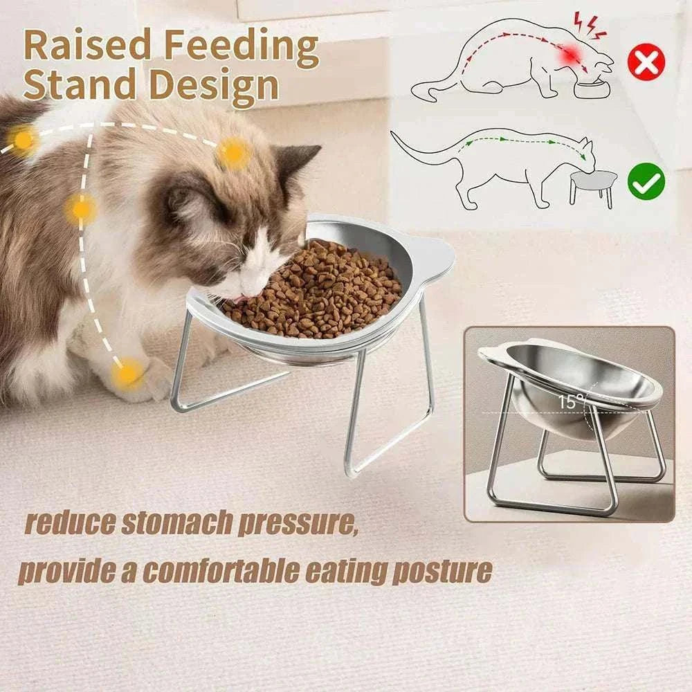 Elevated Cat Bowl Set with a silver stainless steel bowl on a raised wire stand, shown holding dry food beside a cat
