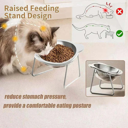Elevated Cat Bowl Set with a silver stainless steel bowl on a raised wire stand, shown holding dry food beside a cat