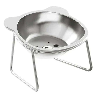 Elevated Cat Bowl Set with a silver stainless steel bowl and slim raised wire stand, featuring a solid finish and drain holes.