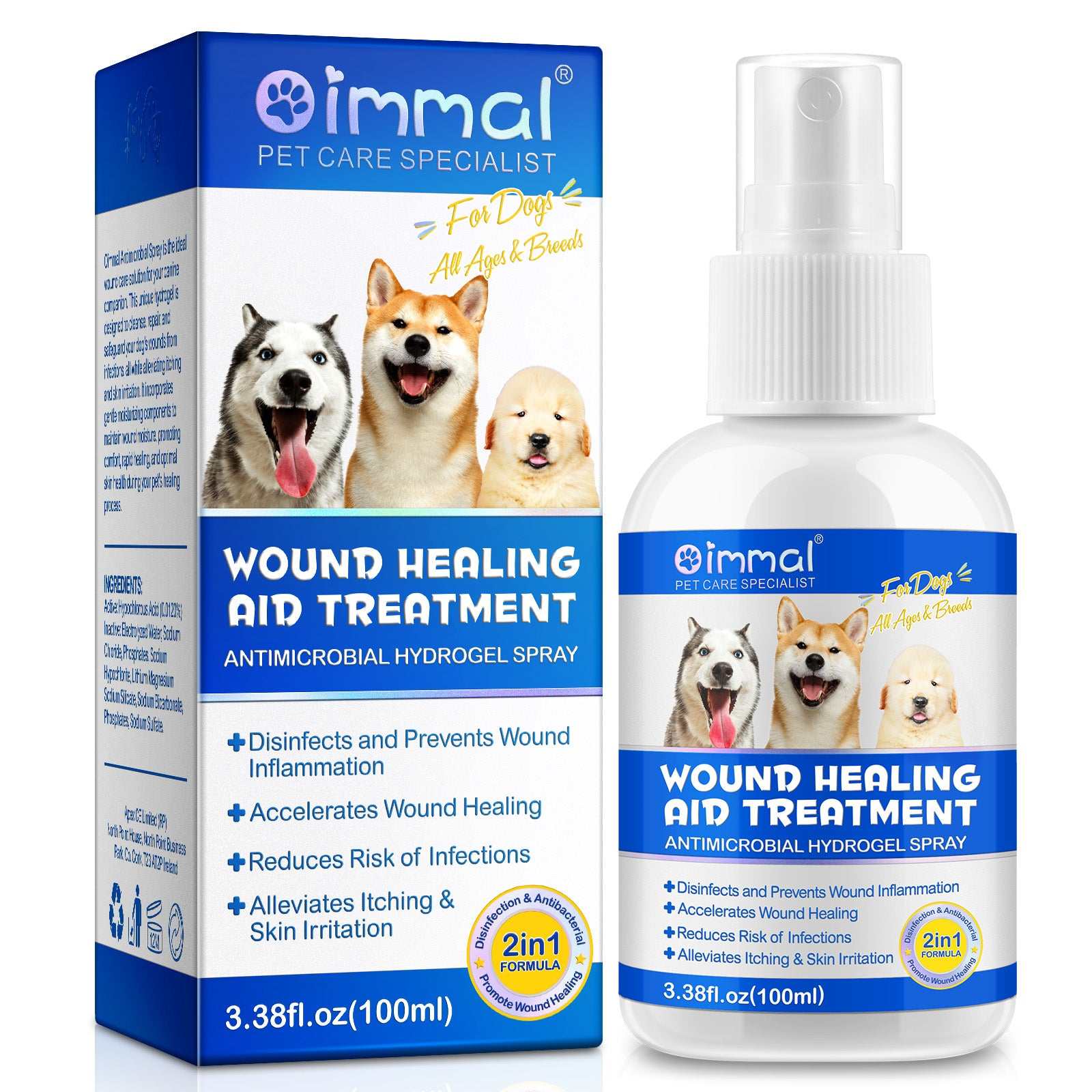 Oimmal wound healing aid antimicrobial hydrogel spray for dogs 100ml