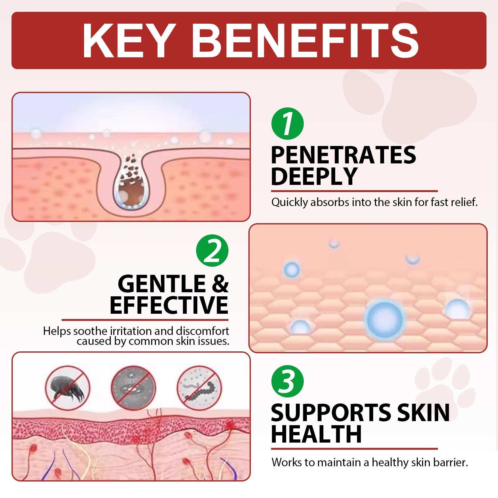 Diagram showing key benefits of Oimmal Hot Spot Relief Spray penetrating skin, soothing irritation, and supporting skin health in cats
