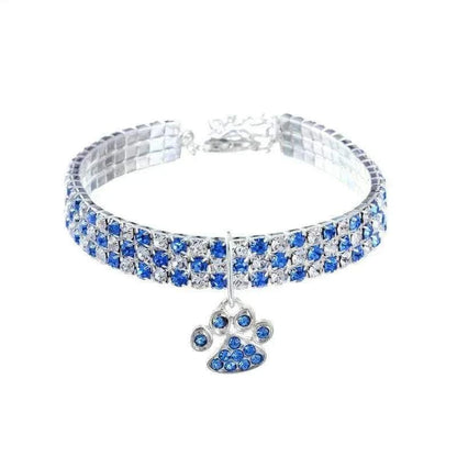 Pretty Kitty's Paw Pendant Cat Collar, silver-tone band with blue and clear rhinestones and a matching paw charm