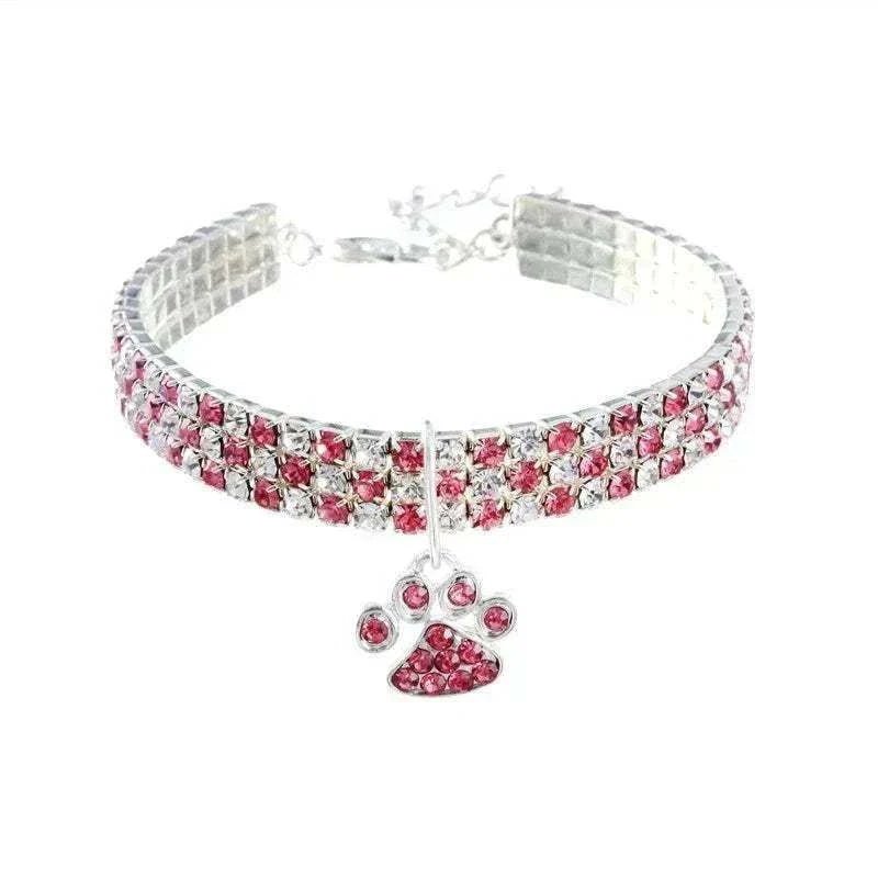 Pretty Kitty's Paw Pendant Cat Collar in silver with rows of pink and clear diamantes and a matching paw charm