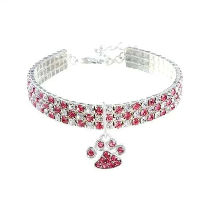 Pretty Kitty's Paw Pendant Cat Collar in silver with rows of pink and clear diamantes and a matching paw charm
