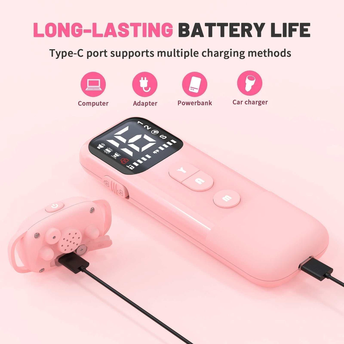 Remote Training Collar no harm with a pink rechargeable remote and matching collar receiver, digital display and control buttons