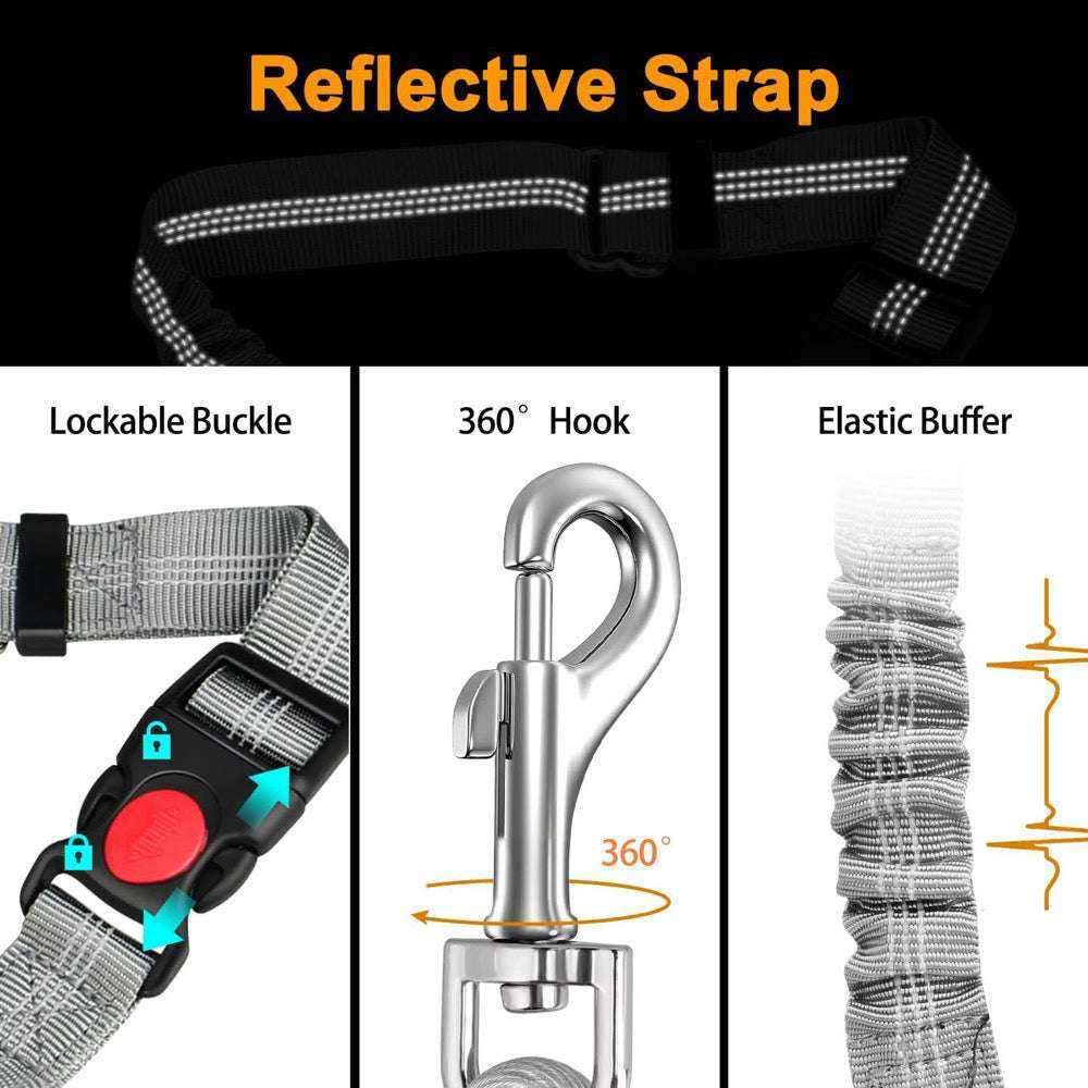 Single Chew Proof Dog Seatbelt with a black reflective strap, lockable buckle, silver swivel hook and elastic buffer