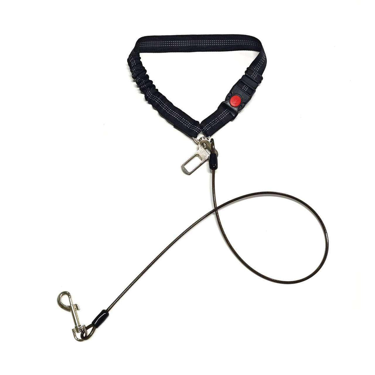 Single Chew Proof Dog Seatbelt with black woven strap, red lock button, metal clips and slim wire leash