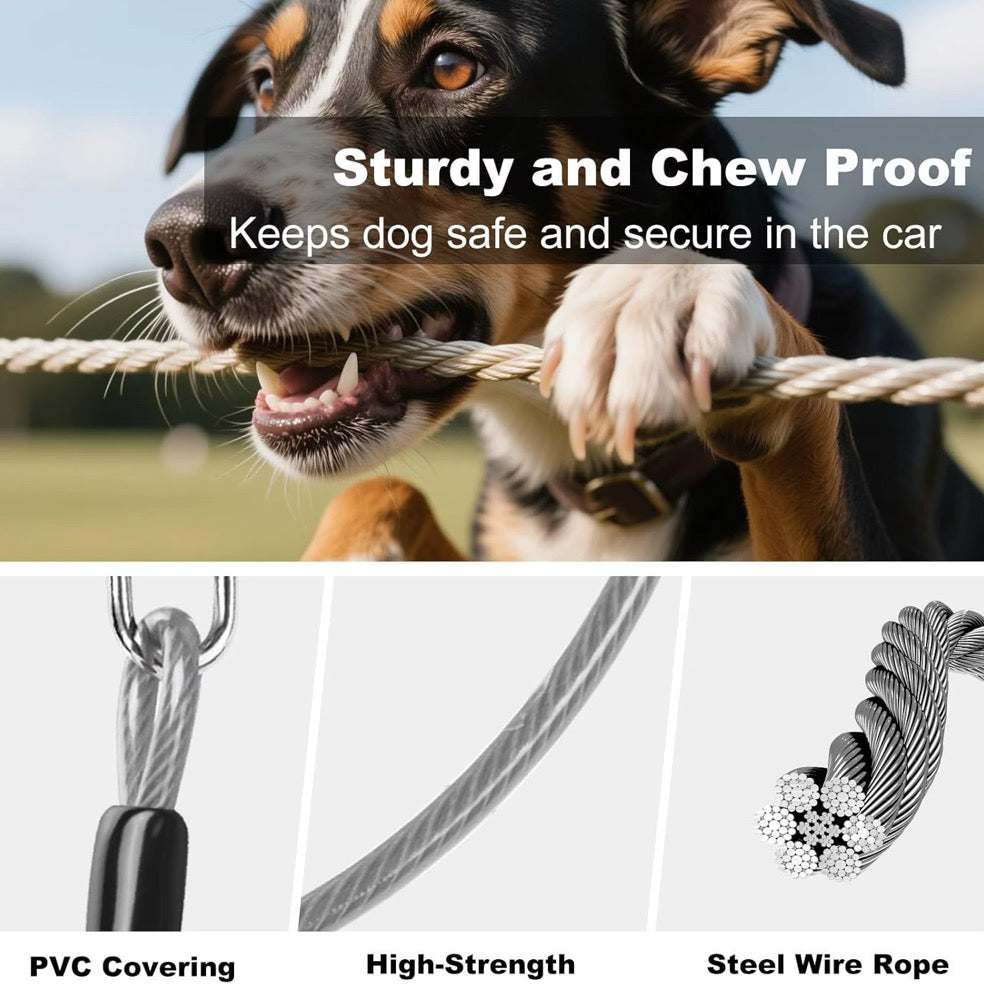 Single Chew Proof Dog Seatbelt with a gray PVC-coated steel wire rope, shown with its wire core and durable construction.