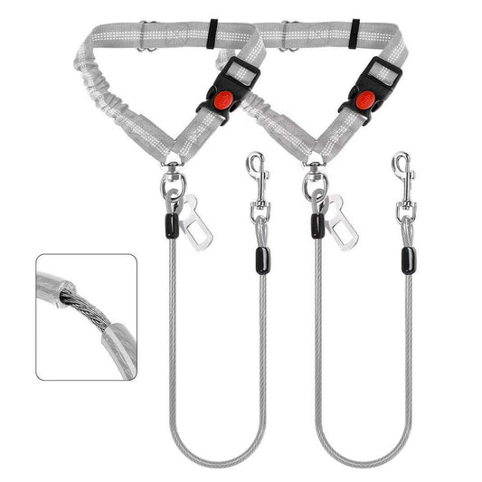 Single Chew Proof Dog Seatbelt with two gray reflective straps, red lock buttons, and steel cable leashes