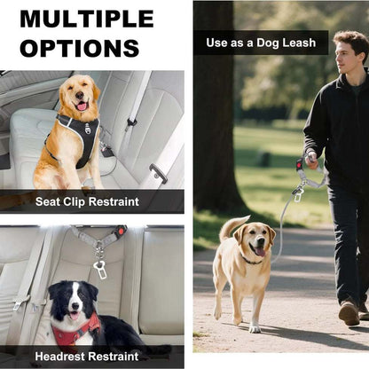 Single Chew Proof Dog Seatbelt with a gray coated wire leash, metal clips and buckle shown securing dogs in a car and used as a leash