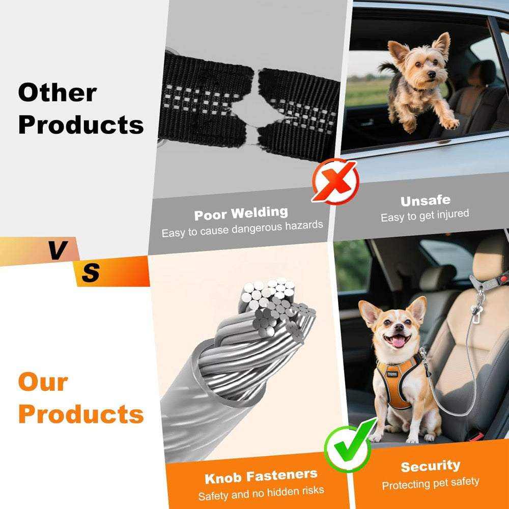 Single Chew Proof Dog Seatbelt comparison graphic showing a braided steel cable core and a dog secured safely in a car
