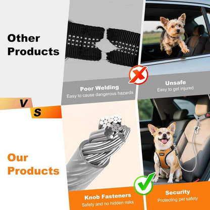 Single Chew Proof Dog Seatbelt comparison graphic showing a braided steel cable core and a dog secured safely in a car
