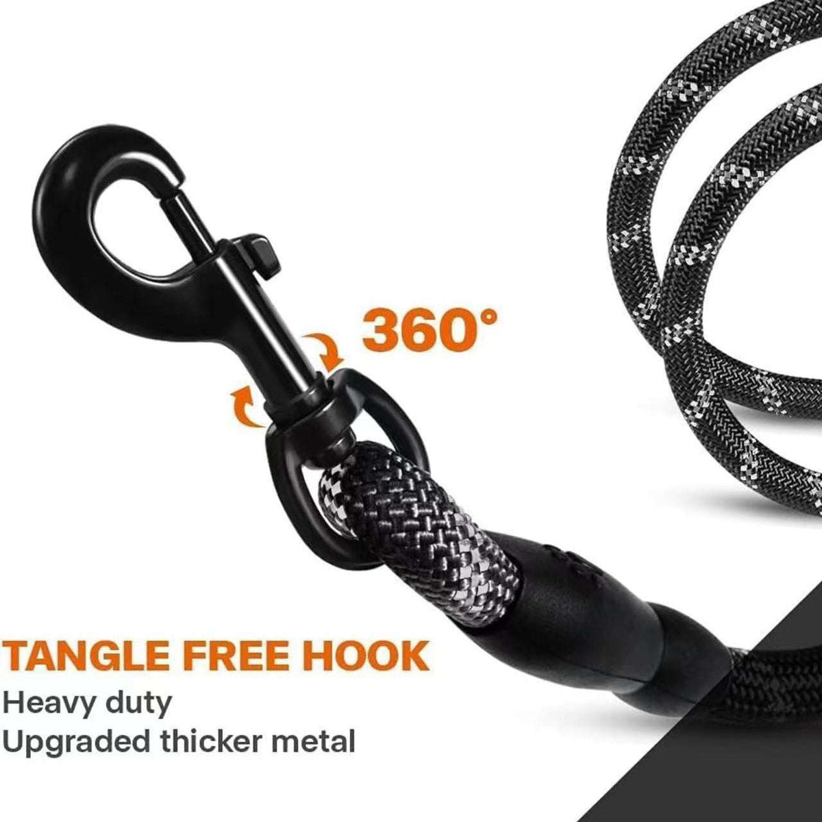 Single Rope Leash with black and gray braided rope, padded black handle, and heavy-duty 360-degree swivel clasp