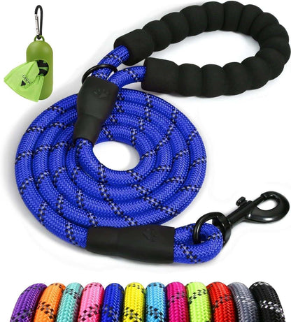 Single Rope Leash in blue braided rope with black padded handle and swivel clasp, shown with colorful leash options