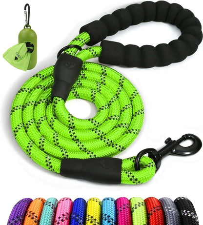 Single Rope Leash in neon green patterned rope with black padded handle and swivel clasp, shown with color options