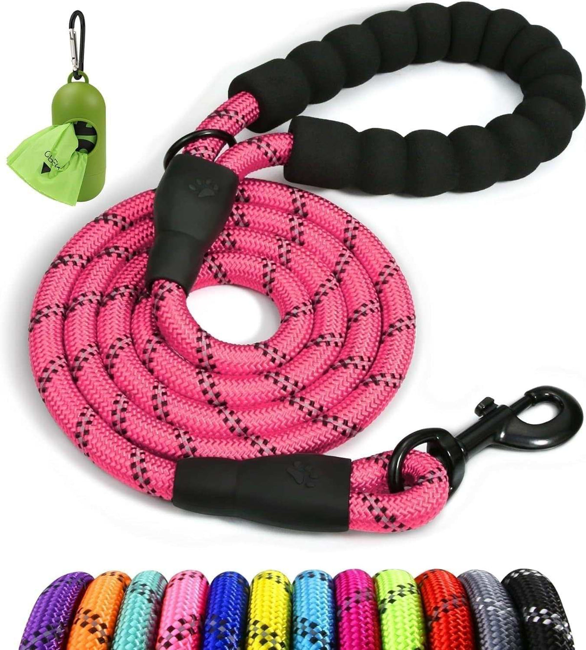 Single Rope Leash in bright pink braided rope with black accents, padded loop handle and black swivel clasp