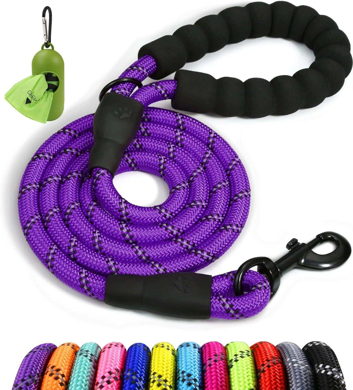 Single Rope Leash in purple patterned rope with black padded handle and swivel clasp, shown with green waste bag holder