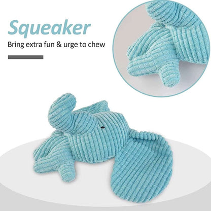 Set of cute Crinkle & Squeak Dog Toys including Connie Cow, Elliot Elephant, and Lenny Lion made of soft, textured fabric