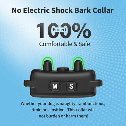 Tiny dog barking collar with a black plastic device, two raised contact points, and front buttons marked M and S
