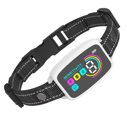 Automatic anti-bark dog collar with adjustable sensitivity, Type-C rechargeable, waterproof, and comfortable nylon strap.
